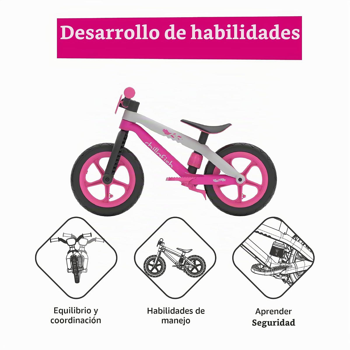 Chillafish Bmxie² - Bicicleta de Equilibrio Ligera con reposapiés Integrado y Freno de pie para niños de 2 a 5 años, neumáticos de Piel de Goma sin Aire de 12 Pulgadas, Asiento Ajustable sin