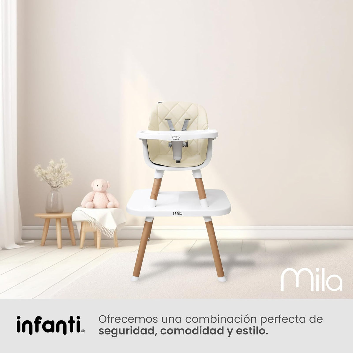 INFANTI | Silla para Bebe Alta 3 en 1 MILA | Convertible para Bebes de 6 Meses a 25 kg | Arnés de 5 Puntos y Charola Ajustable - Fácil de Limpiar y Ligera | Color Beige
