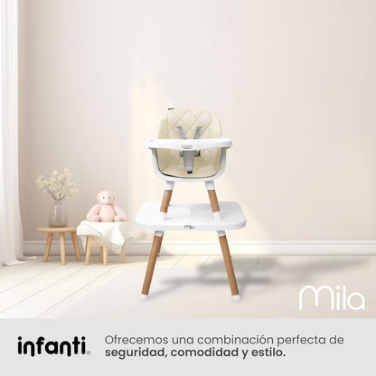 INFANTI | Silla para Bebe Alta 3 en 1 MILA | Convertible para Bebes de 6 Meses a 25 kg | Arnés de 5 Puntos y Charola Ajustable - Fácil de Limpiar y Ligera | Color Beige