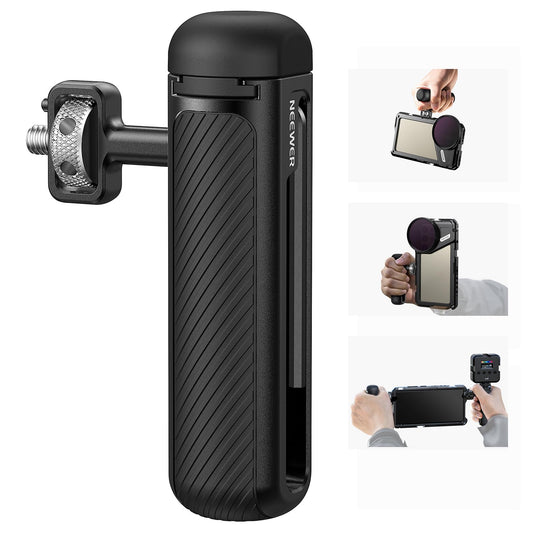 NEEWER 360° Giratorio Mango Lateral/Manija Superior con 1/4" Tornillo, Pin Antitorsión, Zapata Fría, Empuñadura Goma para iPhone 16 15 Pro MAX Samsung Galaxy S24 Ultra NEEWER Jaula Celular Rig, PA046