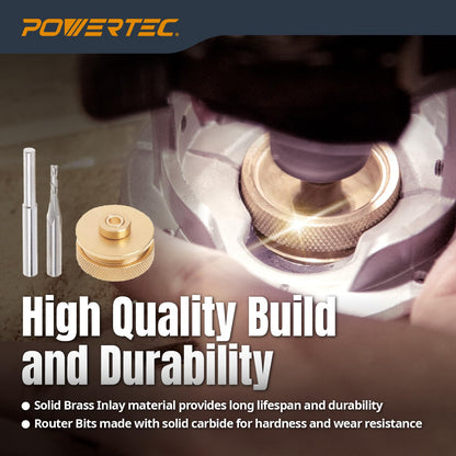 POWERTEC - Kit de incrustaciones de latón con juego de guía de bujes de enrutador + pasador de centrado, collar y broca de carburo sólido de 1/8 pulgadas de diámetro x vástago de 1/4 pulgadas