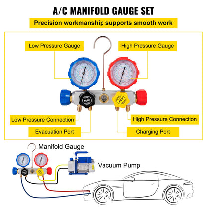 VEVOR Bomba de vacío 4.8CFM 1/3 HP Kit de refrigeración HVAC A/C de una sola etapa 5PA Ultimate Juego de manómetros de vacío R410A R134A R22 HVAC AC, manómetro de colector de 4 vías y manguera