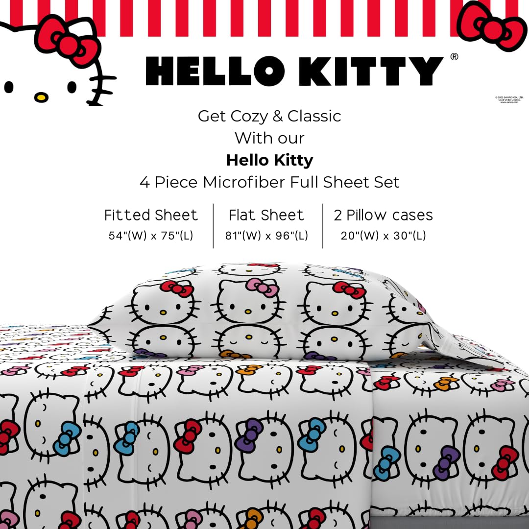 Franco Collectibles Hello Kitty Bows Bedding Juego de sábanas de Microfibra súper Suave y acogedora, 4 Piezas (Producto con Licencia Oficial)