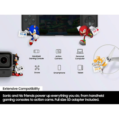 Adaptador Samsung Pro Plus Sonic The Hedgehog +, microSDXC de 512 GB, hasta 180 MB/s, Full HD y 4K UHD, UHS-I, C10, U3, V30, A2, para Nintendo-Switch, Steam Deck, GoPRO, dji Drone, Tablets