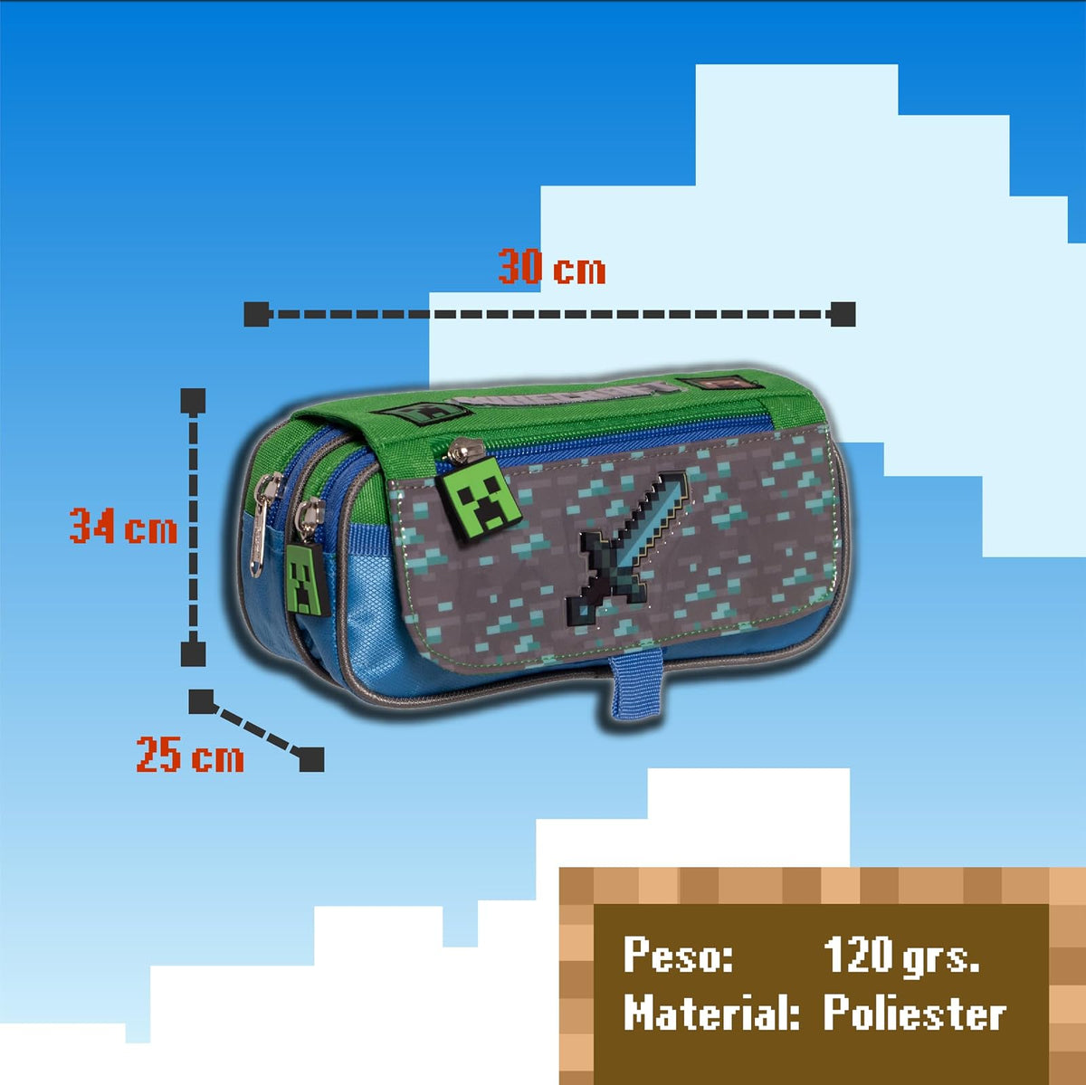 Ruz Lapicera Triple Infantil y Preescolar | Minecraft | 100% Poliéster | Organizador Escolar para Niños con Múltiples Bolsillos y Cierre | Recomendado desde 3 años