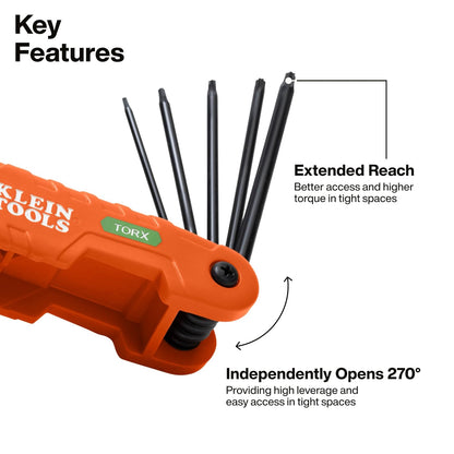 Klein Tools 70550T Pro Juego de llaves hexagonales plegables de 10 llaves Torx tamaños T6 a T40, acero de aleación tratado térmicamente, cuchillas de alto apalancamiento