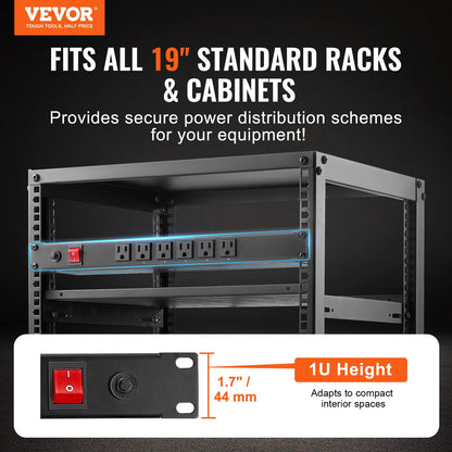 VEVOR - Tira de alimentación PDU Horizontal de 12 tomacorrientes de 1U para Racks de servidores de Red, protección contra sobretensiones y protección contra sobrecarga, 110-125V/15A, con Cable de