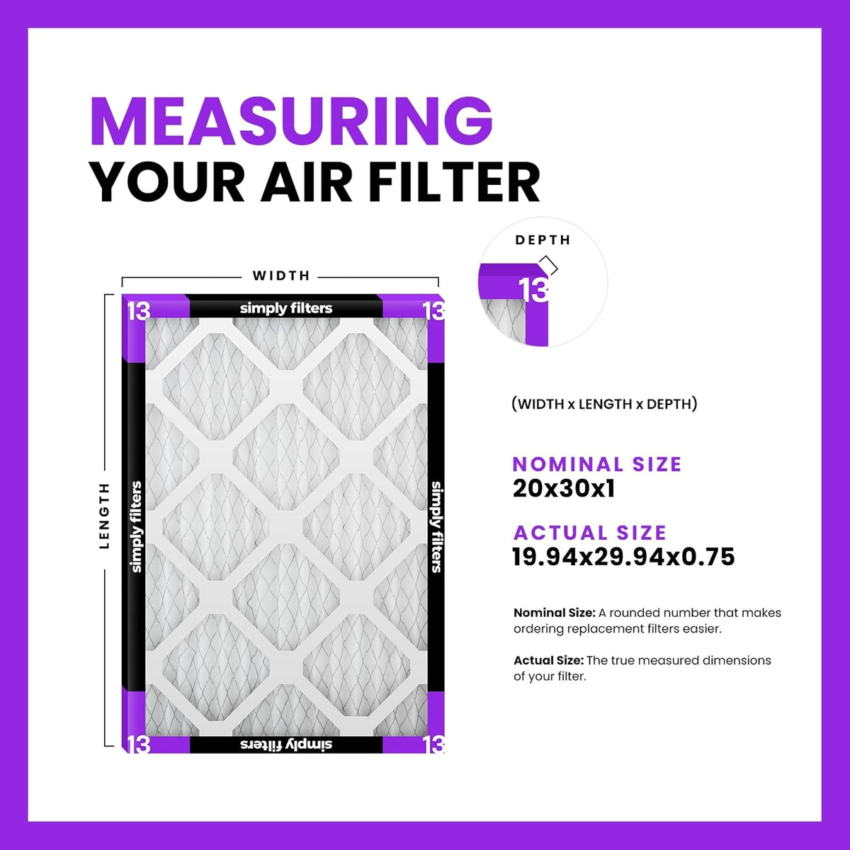 Simply Filters 20 x 30 x 1 MERV 13, filtro de aire MPR 1500 (paquete de 6) tamaño real: 19.7 x 29.7 x 0.75 pulgadas, HVAC, AC, horno, reemplazo, filtro de aire de retorno para hogar y oficina
