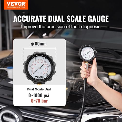VEVOR Comprobador de Compresión de Motores Diésel, kit 18 Herramientas de Prueba de Presión de Cilindros, con Manómetro de 0 a 1000 psi y Adaptadores, para Comprobar Cilindros en Camiones, Tractores
