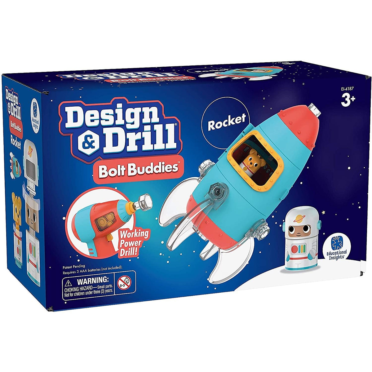Educational Insights Design & Drill Bolt Buddies Rocket, Juguete para desarrollar Habilidades motrices Finas y Aprender CTIM, Taladro de Juguete Perfecto para Mayores de 3 años