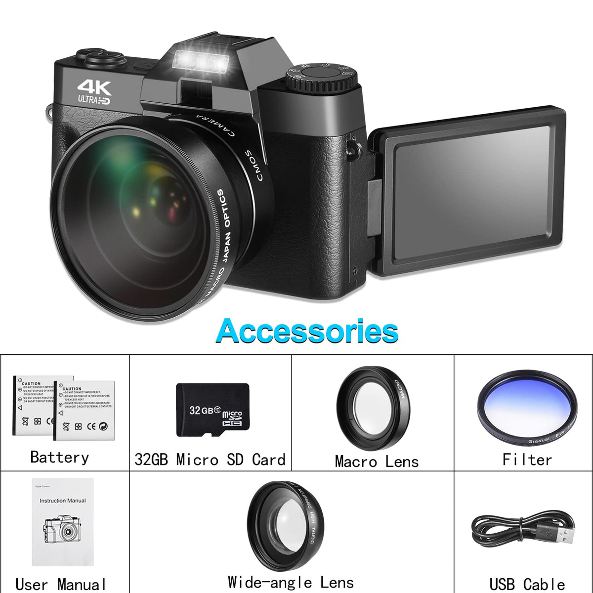 Lierhyt Cámara Digital de 48 MP para fotografía, cámara de vlogging 4K, cámara Digital para niños y Adultos con visualización abatible de 180°, Zoom Digital de 16 X, Lente Gran Angular, Lente Macro,