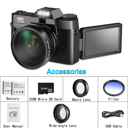 Lierhyt Cámara Digital de 48 MP para fotografía, cámara de vlogging 4K, cámara Digital para niños y Adultos con visualización abatible de 180°, Zoom Digital de 16 X, Lente Gran Angular, Lente Macro,