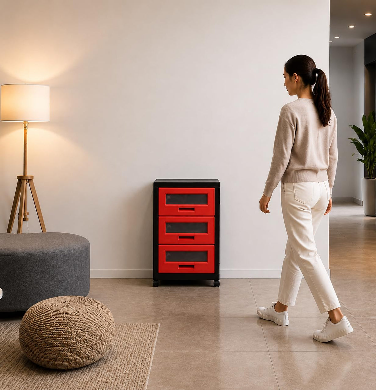 Italhome Mueble De Plástico En Color Negro Rojo Con 3 Cajones, Cajonera Organizador Multiusos Con Ruedas Piave