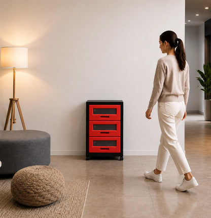 Italhome Mueble De Plástico En Color Negro Rojo Con 3 Cajones, Cajonera Organizador Multiusos Con Ruedas Piave