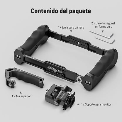 NEEWER Universal Jaula Cámara con Asa Superior & Montaje Monitor Zapata Fría, Arca Cámara Gimbal Estabilizador Video Rig, Manija Doble & 3/8" para ARRI Compatible con SmallRig Accesorio, CA016T+MA006