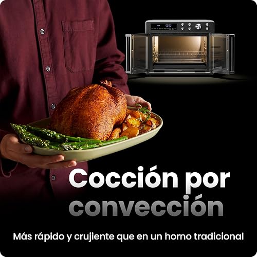 Horno tostador con freidora de aire Chefman de dos puertas, 10 en 1: freidora de aire, horno, asador, cocción lenta, 24 litros, capacidad para pizza de 30 cm o pollo de 1.8 kg. Acero inoxidable.