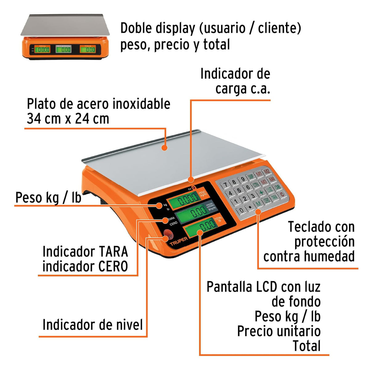 Truper BASE-40 Báscula electrónica multifunciones capacidad 40 kg, color, pack of/paquete de 1