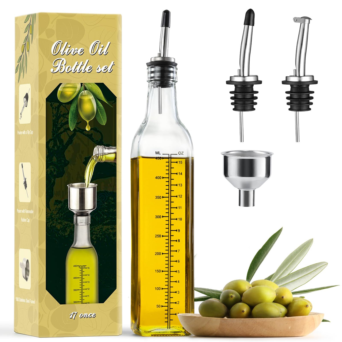 AOZITA - Botella dispensadora de aceite de oliva de vidrio de 17 onzas, 500 ml, transparente, aceite y vinagre con vertedores y embudo, jarra de aceite de oliva para cocina