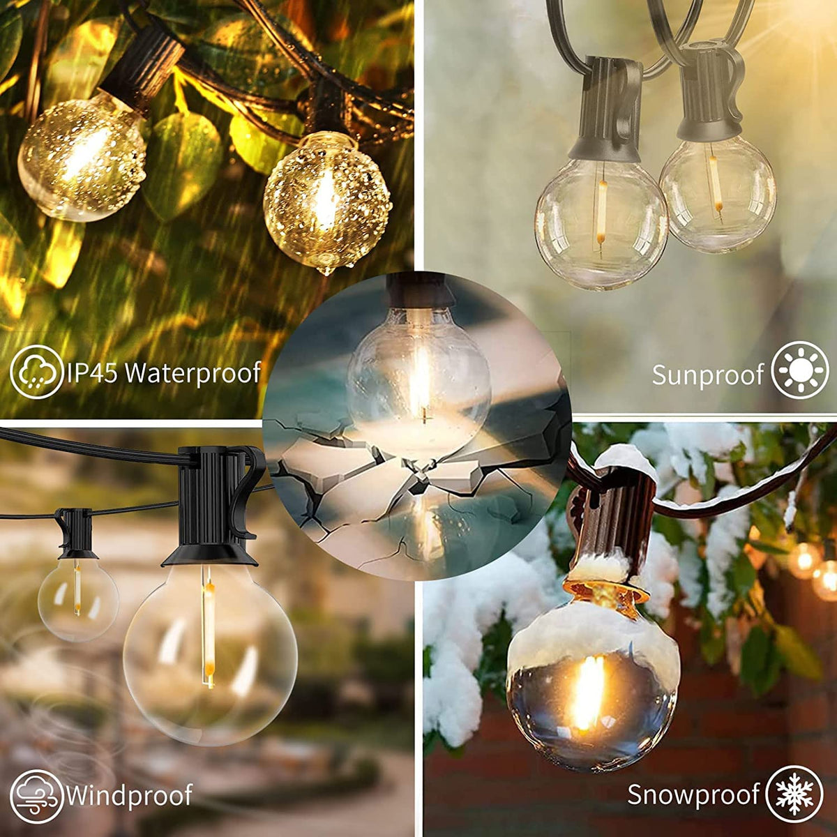 Svater Guirnalda de Luces Exterior 15M con 25 bombillas de plástico G40, IP44 impermeable 2700 K blanco cálido, luces de patio para cafetería, bistro, fiesta de pérgola