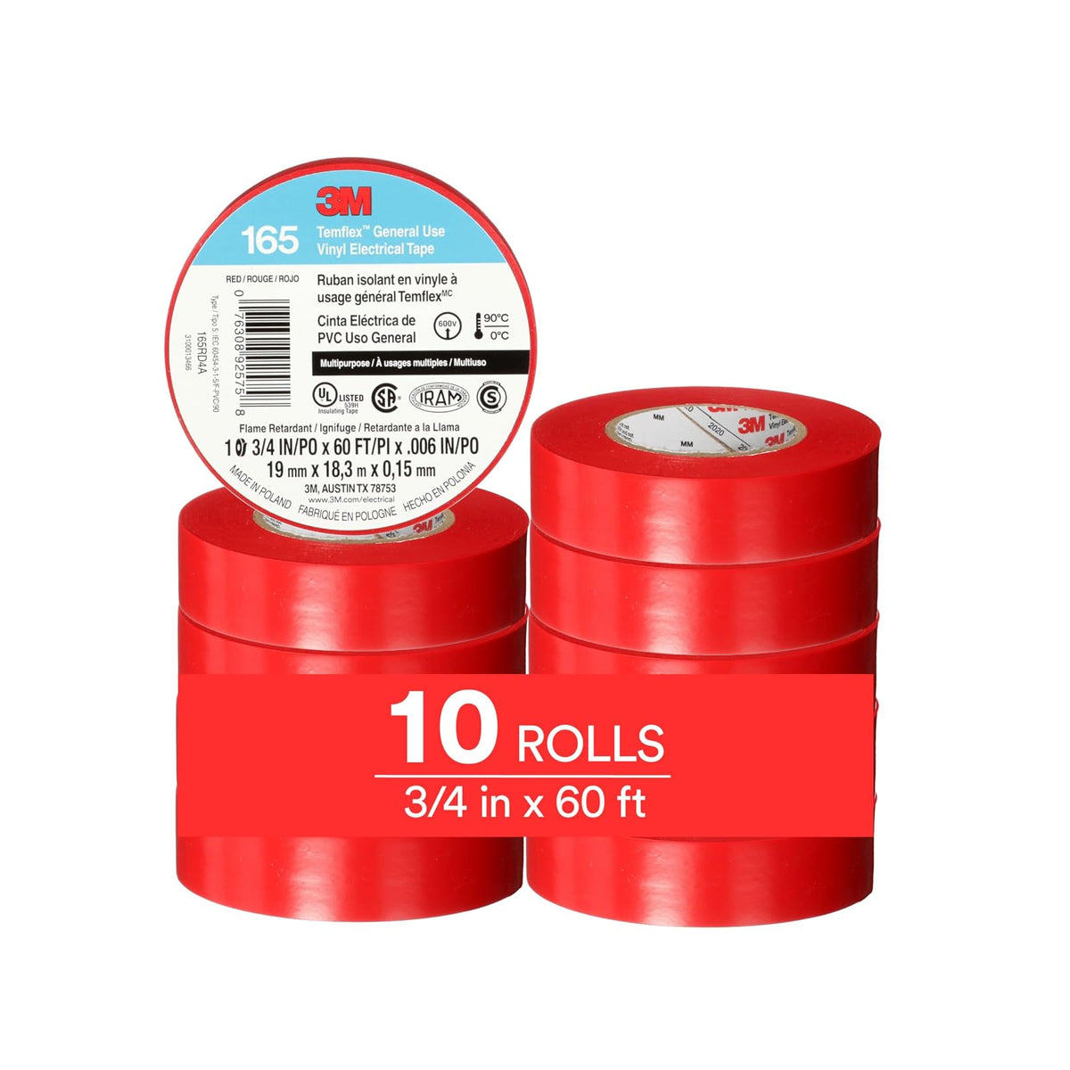 3M Temflex 165 Cinta Eléctrica de Vinilo Multiusos - Rojo -