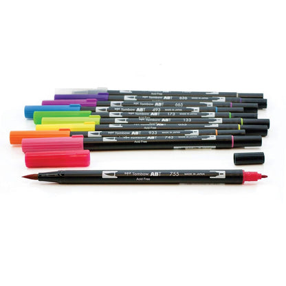 Tombow 56185 Marcadores artísticos de doble pincel, , paquete de 10. Mezclador, pincel y marcadores de punta fina, Tropical, 1, 1 + Dual Brush Pen Art Markers, Bright, 10-Pack