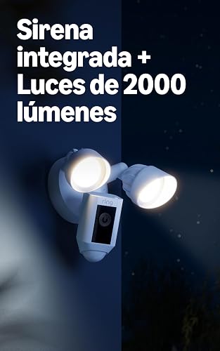 Cámara con reflectores cableada Ring Plus (Floodlight Cam Wired Plus), con video de alta definición de 1080p activado por movimiento - Blanca