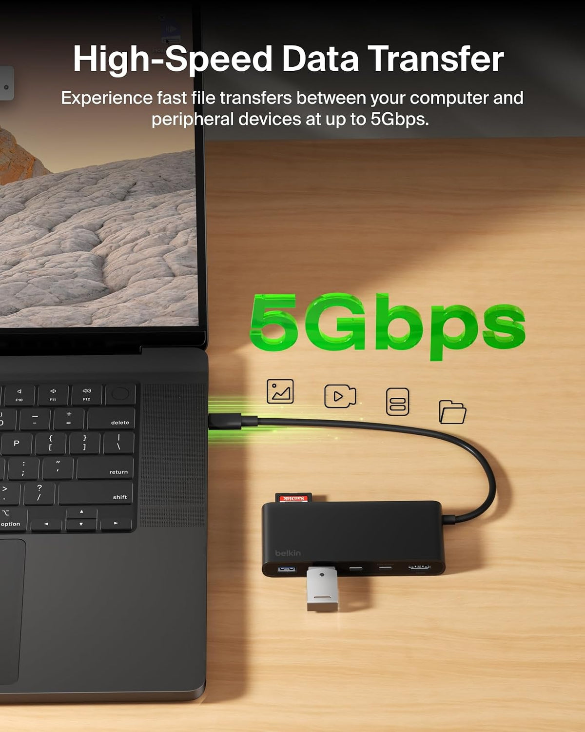 Belkin Hub USB C, concentrador de 7 Puertos con visualización HDMI 4K a 60Hz, SD y MicroSD, Entrega de energía de 100 W, Transferencia de Datos rápida de 5 Gbps, Adaptador multipuerto USB C para