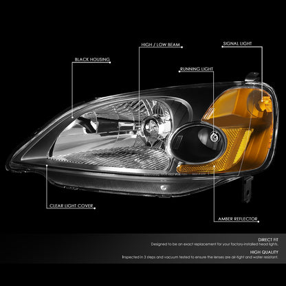 DNA Motoring HL-OH-HC01-BK-AM - Faros delanteros de repuesto color ámbar negro compatibles con Honda Civic 01-03