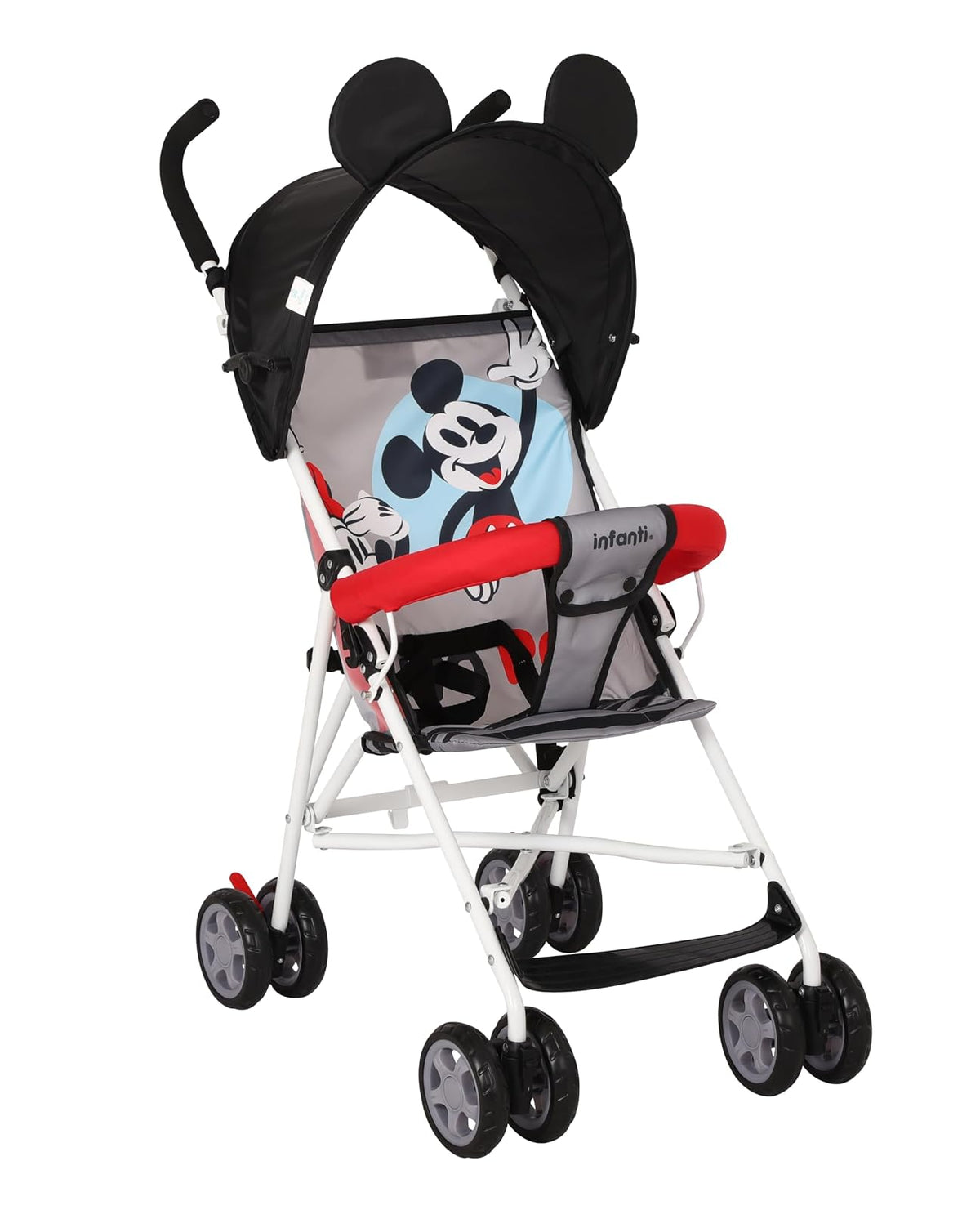 INFANTI | Carriola de Bastón Disney | Edición Mickey | Diseño Ligero y Compacto | Plegado Fácil y Correa de Transporte | Para Bebés de 6 Meses a 16 kg | Arnés de 3 Puntos | Color Gris