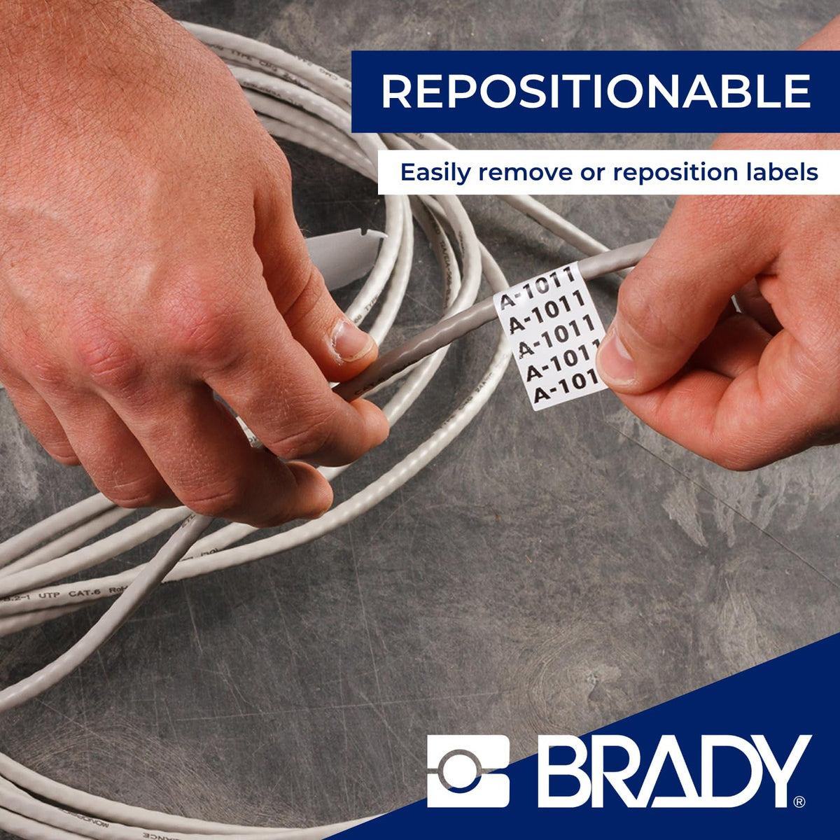 Brady Authentic (M4-48-498) Etiquetas de tela de vinilo multiusos reposicionables, 0.75 pulgadas de alto x 1.5 pulgadas de ancho, negro sobre blanco, 180 etiquetas