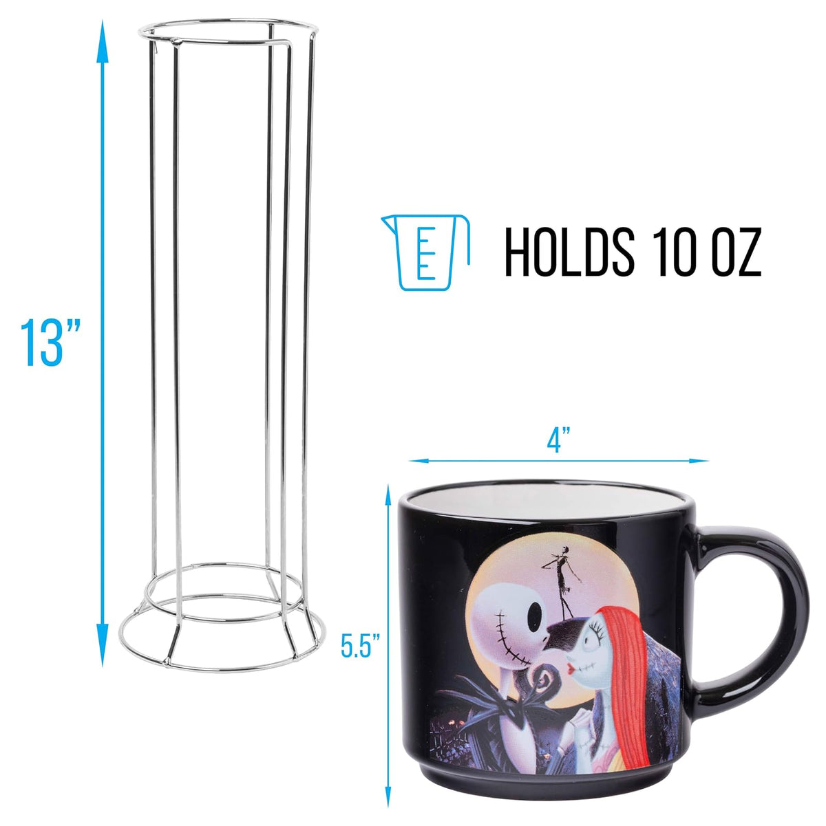 Silver Buffalo: Juego de 4 tazas de cerámica Nightmare Before Christmas Jack y Sally, 10 onzas, paquete de 4 tazas de cerámica, juego de 5 piezas