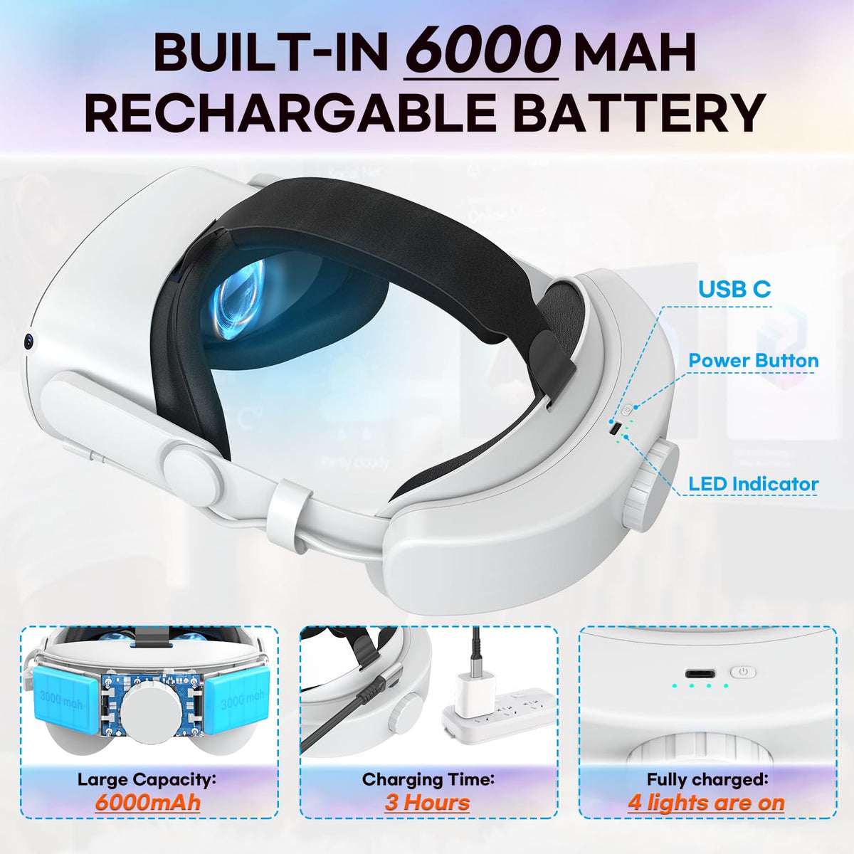 VZNEK Correa para la Cabeza de batería Compatible con Accesorios Oculus Quest 2, batería incorporada de 6000 mAh para Meta Quest 2 Accesorios de Repuesto de Correa Elite Ajustable para Oculus/Meta Qu
