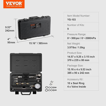 VEVOR Kit adaptador de probador de compresión, 9 piezas de prueba de compresión de fugas de cilindro de motor automotriz, medidor de presión preciso de doble escala 0-300 psi, con mangueras de largo
