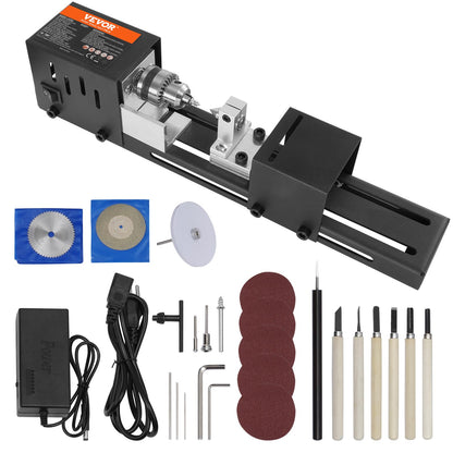 VEVOR Mini máquina de torno, 2.7 x 6.3 pulgadas, 24VDC 96W Mini herramientas de tornos de madera, accesorios de fresadora, 7 velocidades, 4220/5300/5650/6350/6660/7050/8450 RPM, para bricolaje