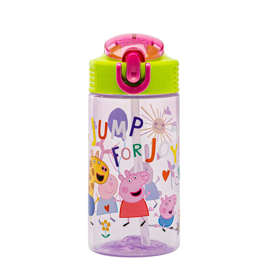 Zak Designs - Botella de agua de Peppa Pig de 16 onzas con Peppa & Friends, plástico duradero | Niños, para la escuela o viajes, con popote, mango, a prueba de fugas, cubierta de boquilla desplegable