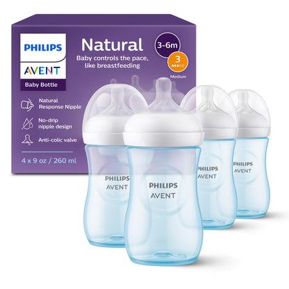 Philips Avent Biberón Natural Response con válvula anticólicos, color azul, 9 oz/260 ml, 1 ml+, Flujo 3 Medio. 4 piezas, SCY903/24