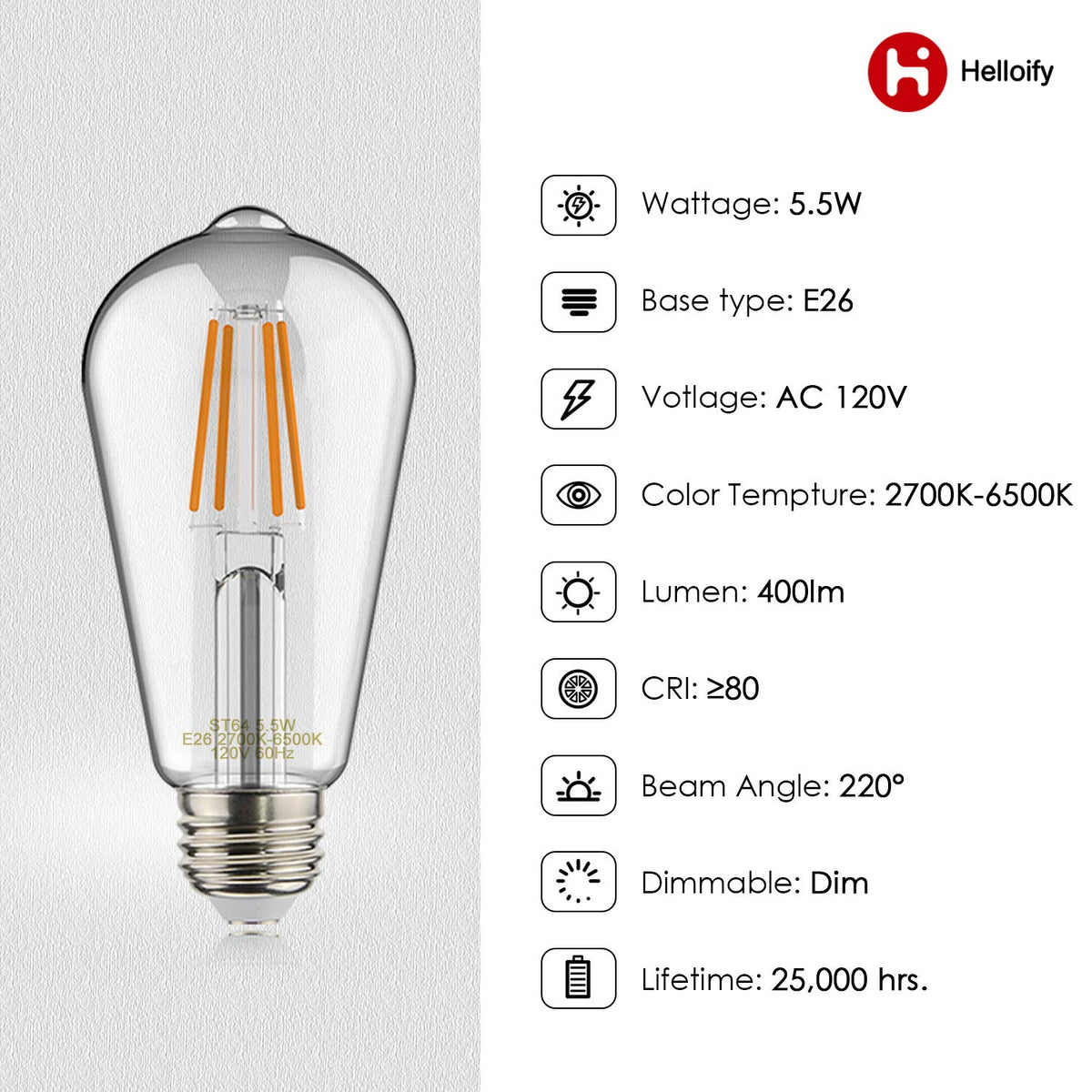 Helloify Edison ST19 (ST64) Bombilla LED inteligente WiFi, estilo vintage, cambio blanco sintonizable, funciona con Alexa Google Home (sin hub), E26, 2700K-6500K, 2 unidades, luz blanca