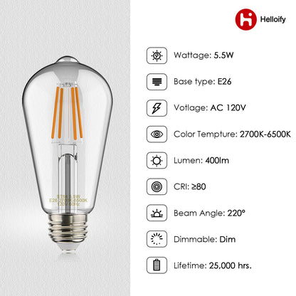 Helloify Edison ST19 (ST64) Bombilla LED inteligente WiFi, estilo vintage, cambio blanco sintonizable, funciona con Alexa Google Home (sin hub), E26, 2700K-6500K, 2 unidades, luz blanca