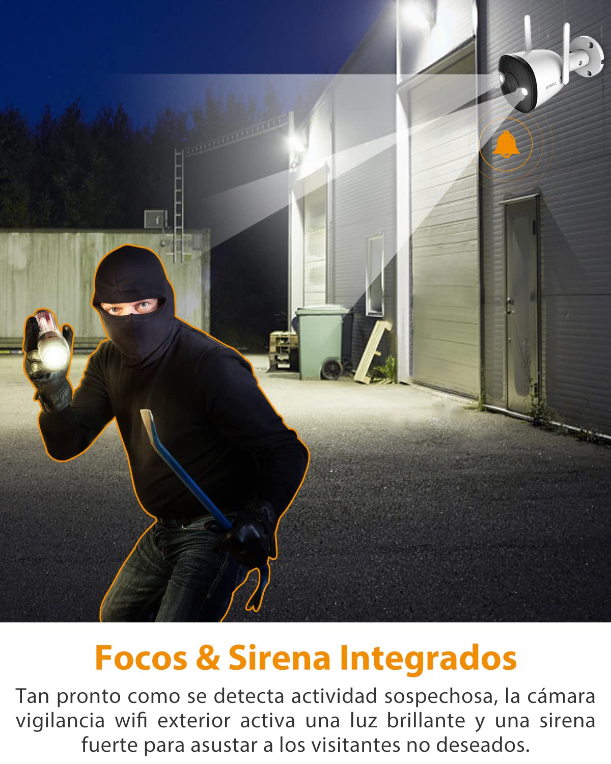 Bullet2 cámara IP WiFi de 2 Mpx/Full Color/Disuasión Activa con Estrobo y Sirena Integrados/108 Grados de Apertura/30 Mts de IR/H.265/IP67/Audio Bidireccional/Micrófono Integrado/Detección de Humanos