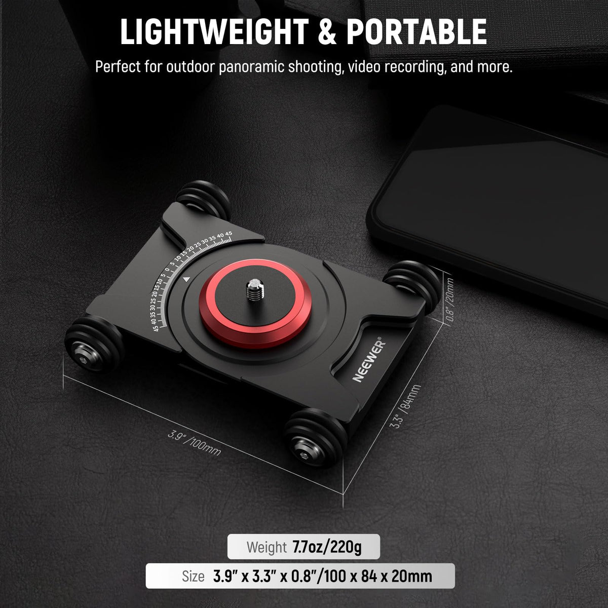 NEEWER Slider de Cámara Dolly con Rótula & Pinza para Celular, 4 Wheeled | SD001, Carro de Mesa, Patinador Manual, Panorama de 360°, para DSLR Cámara Video Videocámara GoPro iPhone Android Smartphone