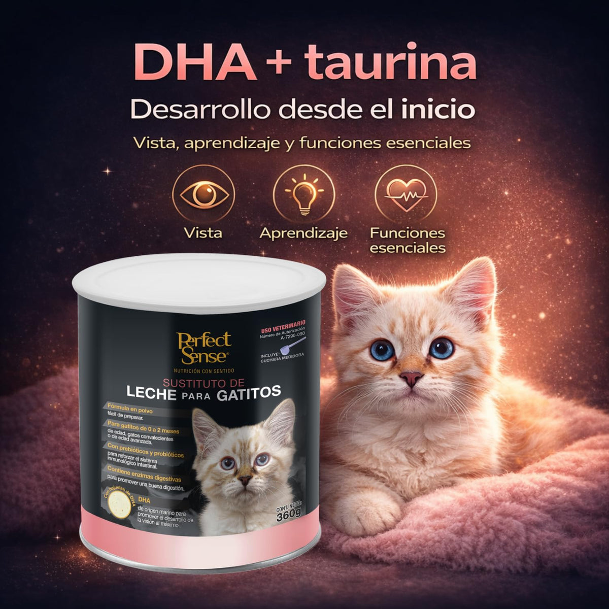 Perfect Sense Sustituto de Leche para Gatitos 360 g con Prebióticos, Probióticos, Enzimas Digestivas y DHA de Origen Marino