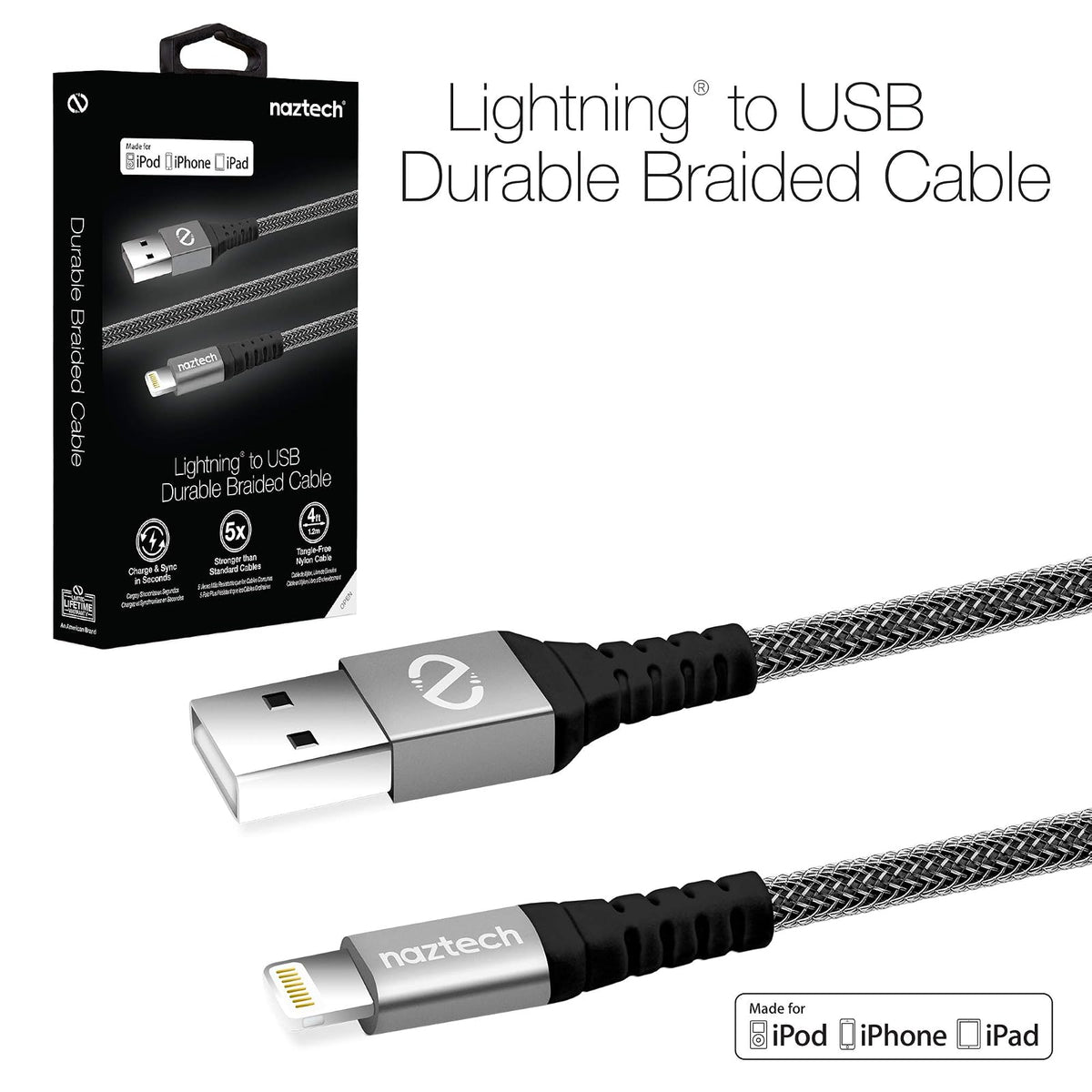 Naztech Lightning to USB Durable 4ft Braided Charge/Sync Cable, 8-pin MFi Certified, Tangle-Free, Compatible For All iPhones/iPads/iPods Plus Other Lightning Enabled Devices (Black)