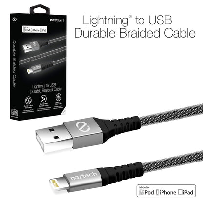 Naztech Lightning to USB Durable 4ft Braided Charge/Sync Cable, 8-pin MFi Certified, Tangle-Free, Compatible For All iPhones/iPads/iPods Plus Other Lightning Enabled Devices (Black)