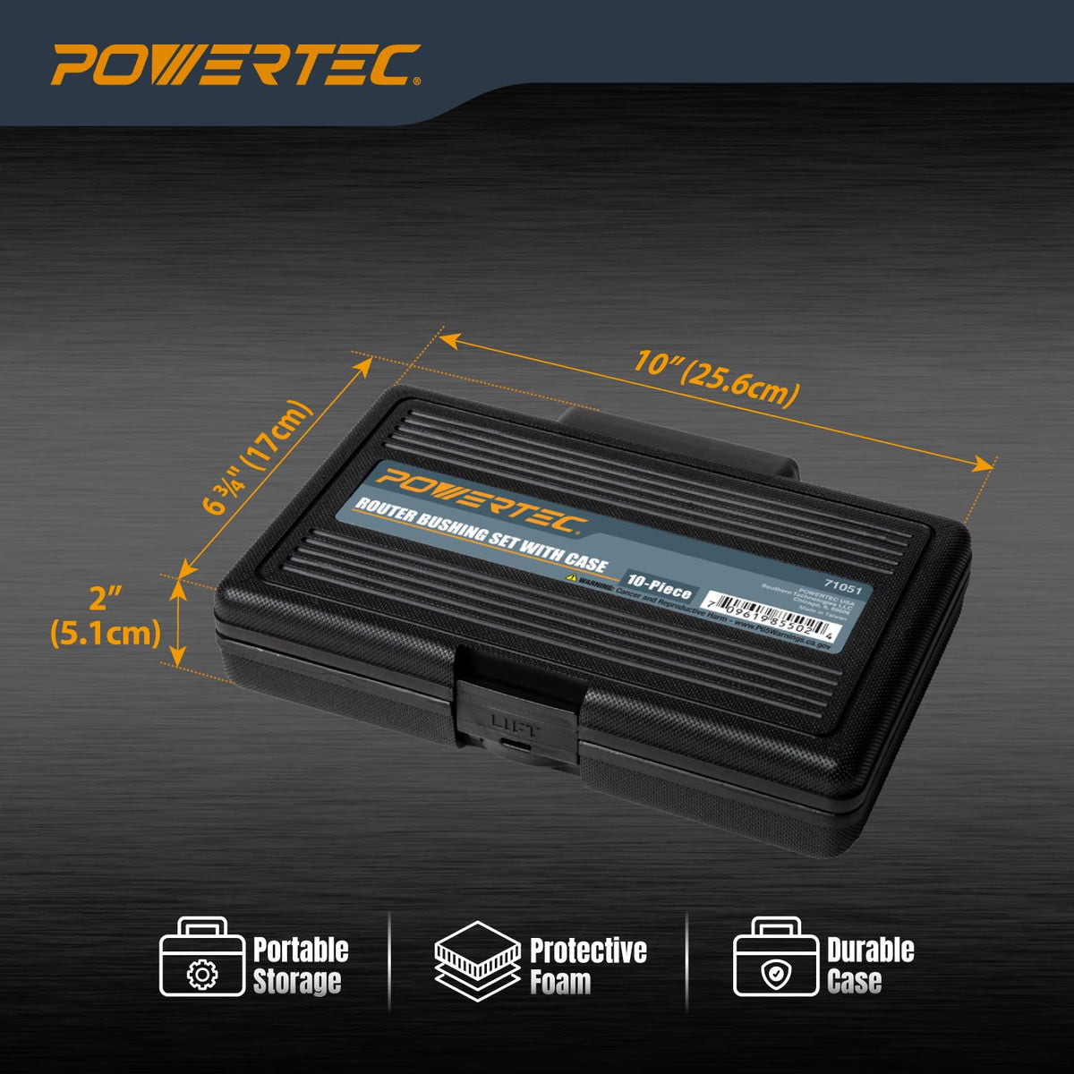 POWERTEC - Juego de 10 guías de bujes de plantilla sólida para enrutador de 5/16 a 1 pulgada con funda de transporte moldeada. Se adapta a todas las subbases de enrutador estilo cable Porter. Perfecto