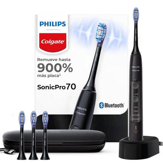 Philips Colgate Cepillo de Dientes Eléctrico SonicPro 70 Recargable | Con 3 Cabezales de Repuesto y Estuche de Viaje, Limpieza Bucal Completa y Personalizada