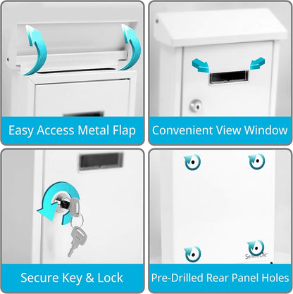 Serenelife Buzón de Pared a Prueba de Intemperie con Cerradura, Acero Galvanizado, Tapa Metálica para Cartas, Periódicos y Dinero, Buzón para Exterior, Oficina, Casa y Negocios