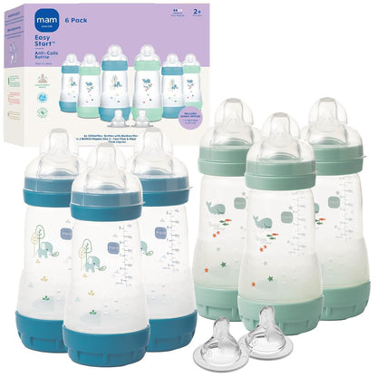 MAM Biberón Anticólico Fácil Inicio, 9 oz, Flujo Medio - Mezclilla y menta pálida - 8 Count (Pack of 1)