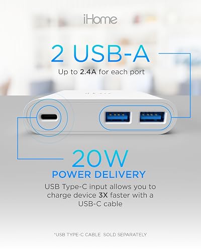 iHome Cargador de Pared USB multipuerto 32 W AC Pro: estación de Carga para Varios Dispositivos con 3 Puertos USB (1 USB-C, 2 USB-A): Carga rápida, compatibilidad Universal