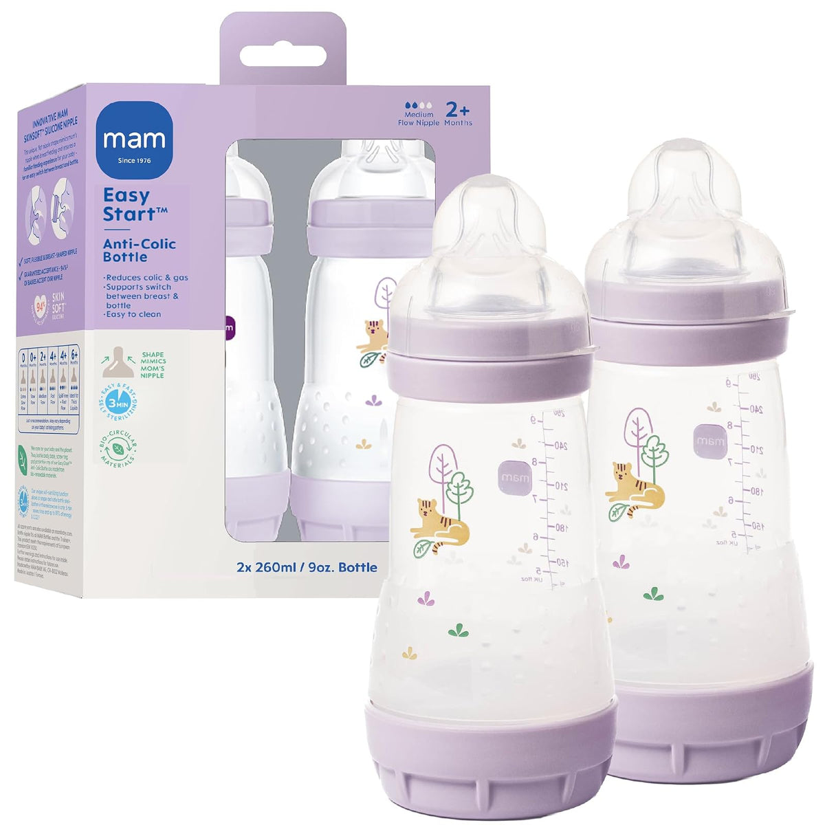 MAM Easy Start Biberón Anticólico 9 oz, Flujo Medio - 2 Count (Pack of 1) - Iris