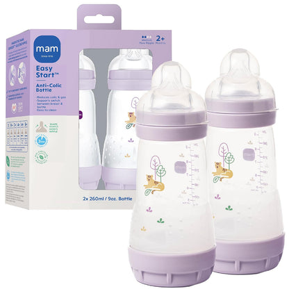 MAM Easy Start Biberón Anticólico 9 oz, Flujo Medio - 2 Count (Pack of 1) - Iris